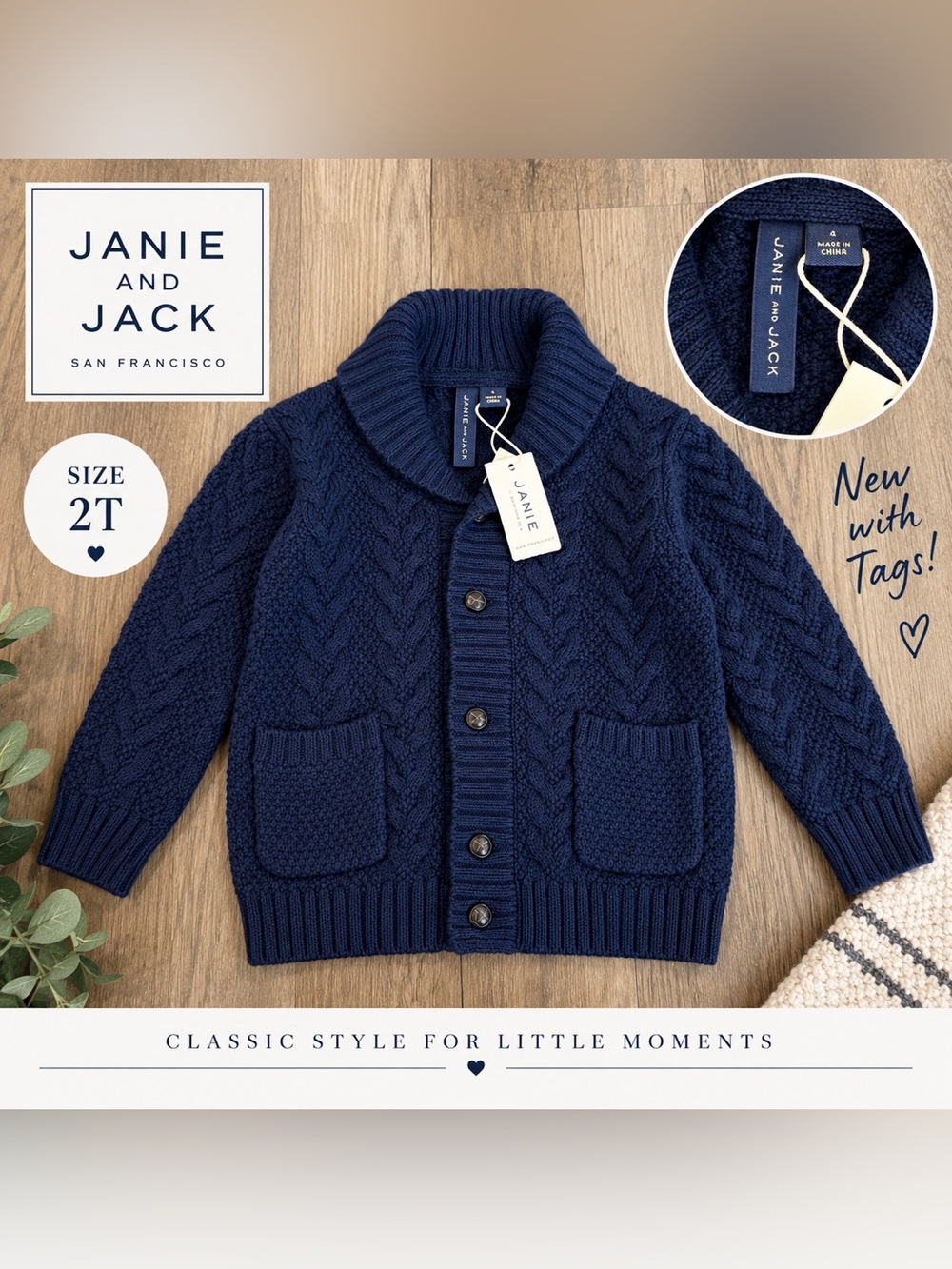 Janie and Jack Navy Cable Knit Shawl Collar Cardigan Sweater Size 2T NWT